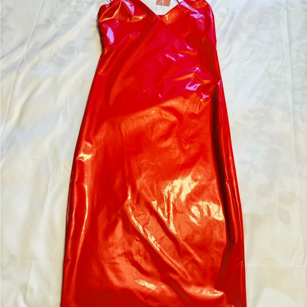 Red High-Shine Faux Leather Slip Dress – Size M (NWT)